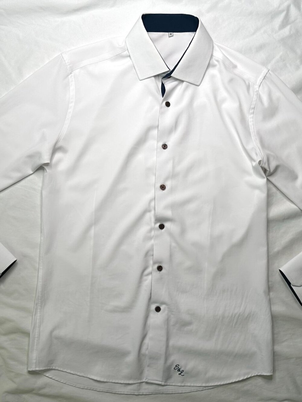 State & Liberty Mens Medium Athletic Fit Dress Shirt White Navy Blue Trim